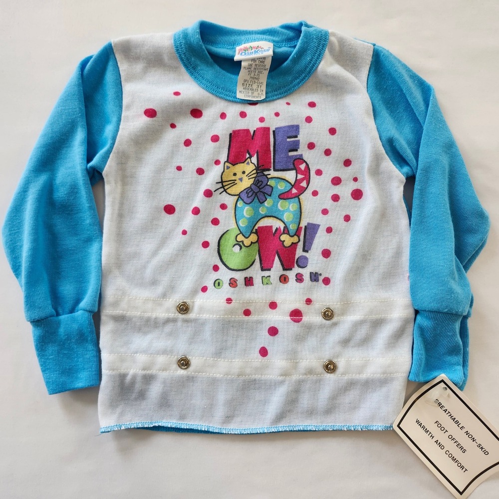 Vintage OshKosh Bgosh Toddler Kids 3T Blue Cat Meow Snap Waist Footed Pajama Set - Picture 3 of 7